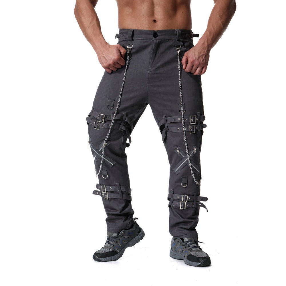 Men's rock cargo pants with chains and straps, perfect for streetwear and vintage fashion styles.