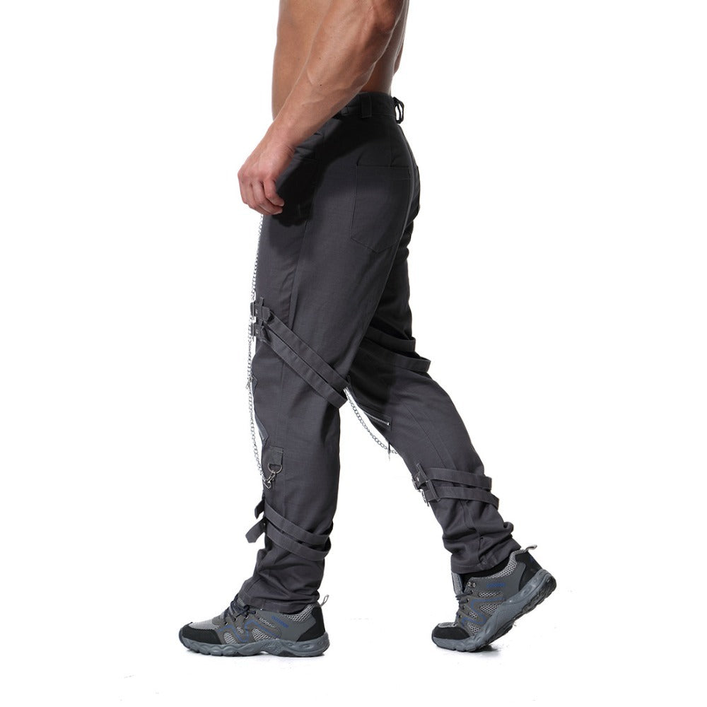 Men's rock cargo pants with chains and straps, perfect for vintage streetwear vibes and casual outfits.