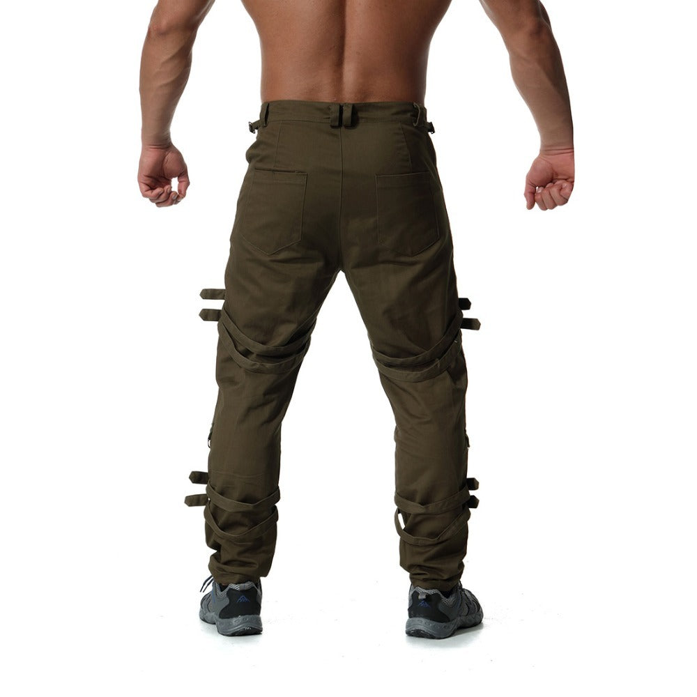 Men's rock cargo pants with chains and straps, showcasing a back view in olive green color.