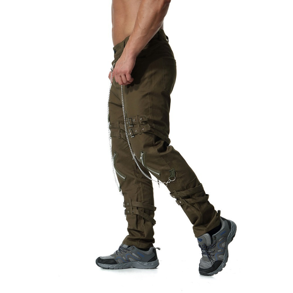 Men's rock-style cargo pants with chains and straps in olive green, perfect for streetwear fashion.