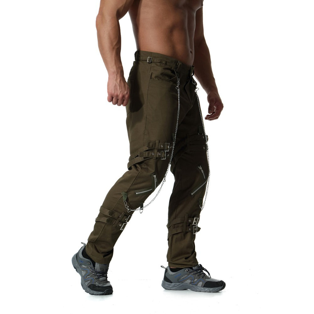 Men's rock cargo pants in olive green with chains and straps, styled for streetwear fashion.