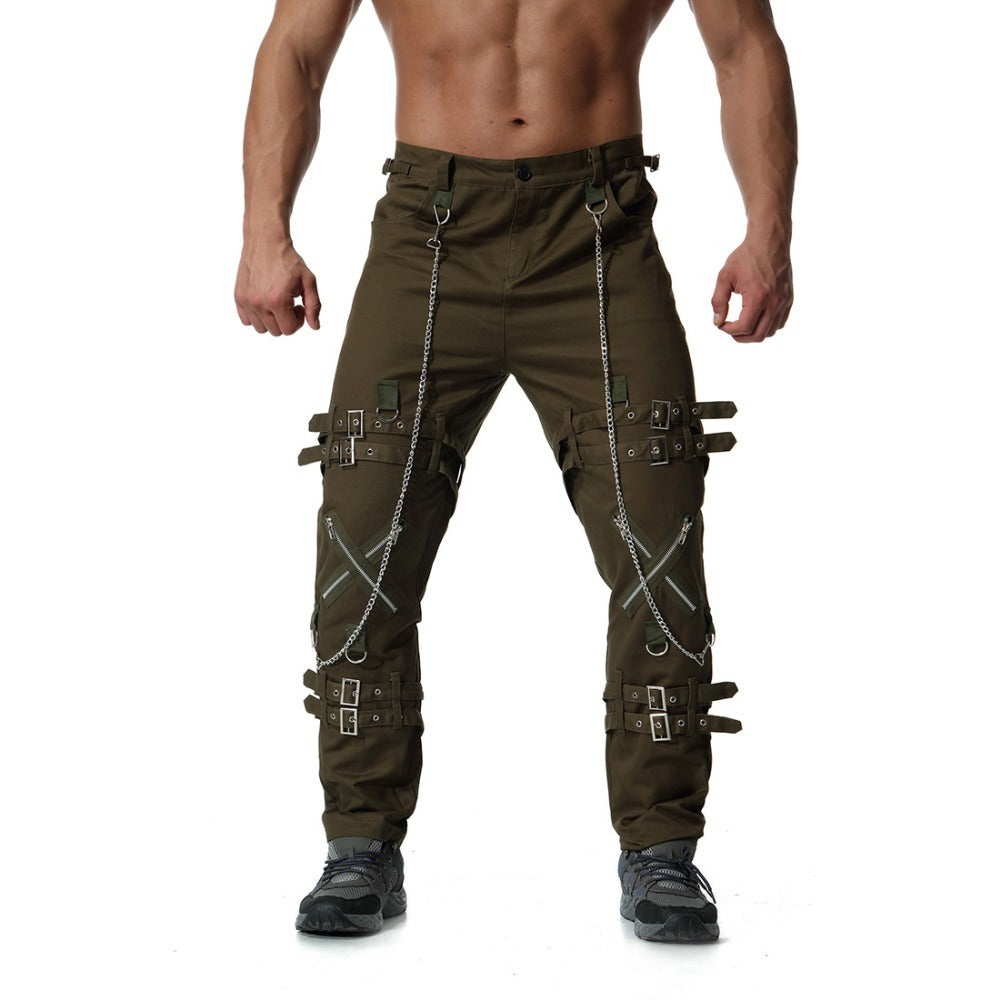 Men's rock cargo pants featuring chains and straps for a stylish streetwear look.