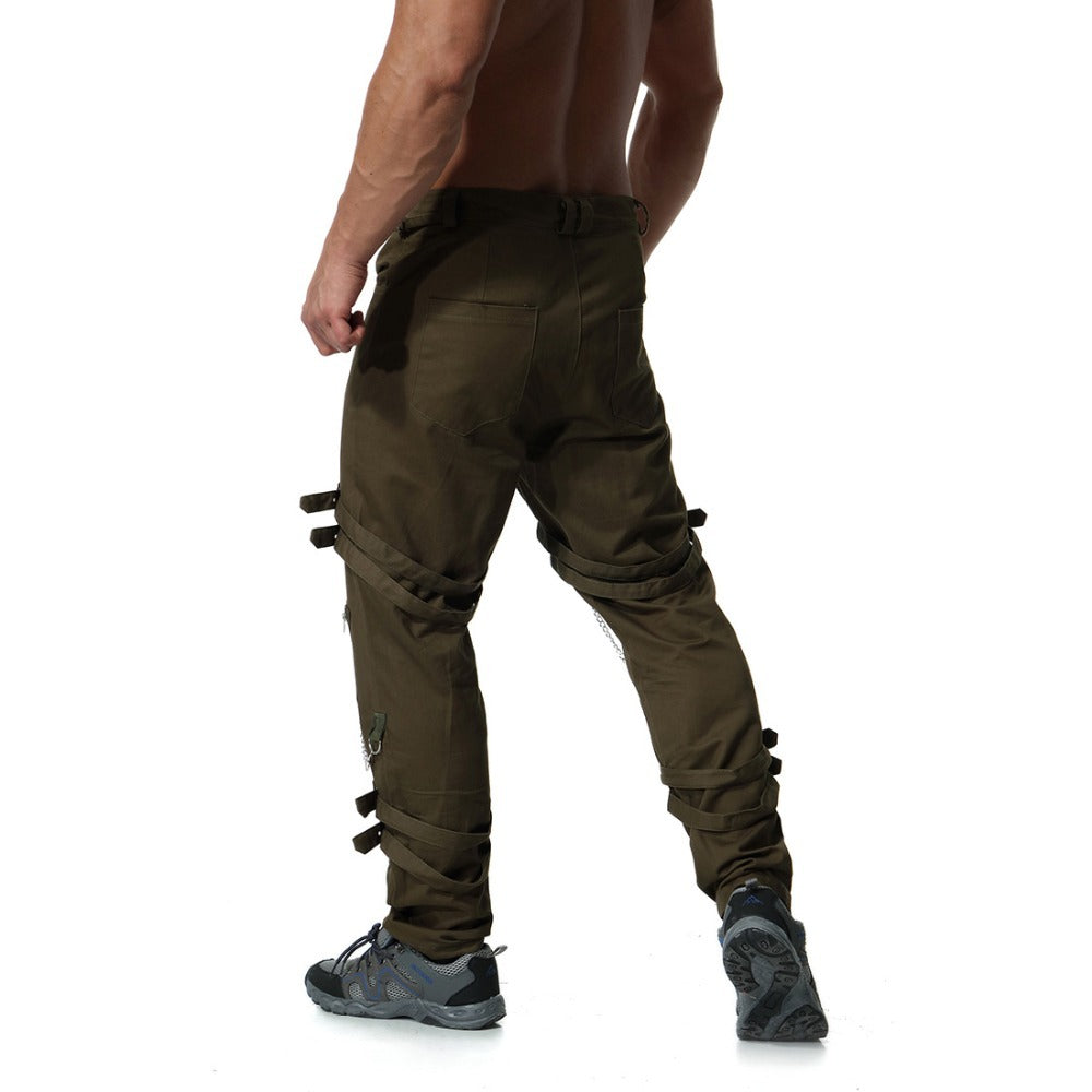 Men's rock cargo pants in olive green with chains and straps, perfect for streetwear and casual outfits.