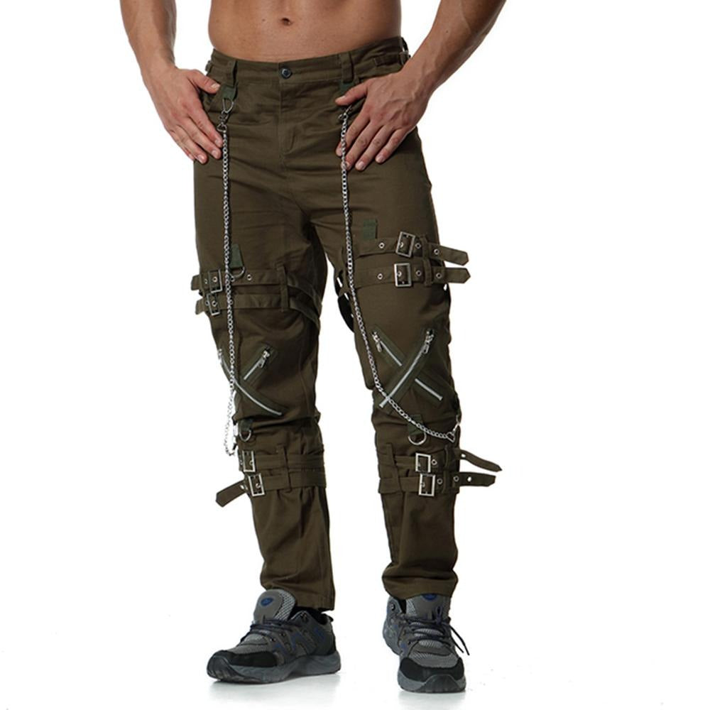 Men's rock cargo pants featuring chains and straps, perfect for vintage fashion and streetwear looks.