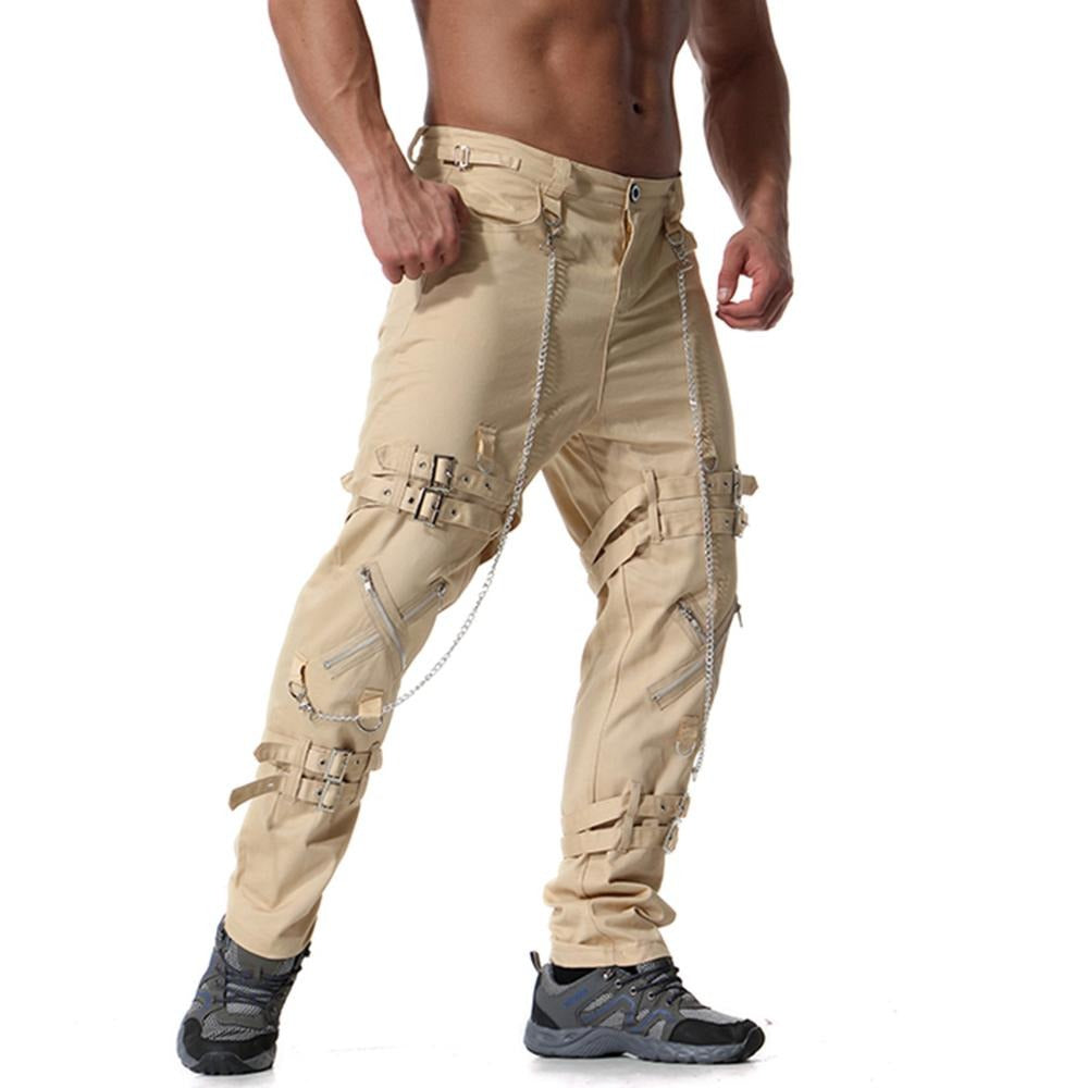 Men's beige rock cargo pants with chains, straps, and fake zippers for vintage streetwear style.