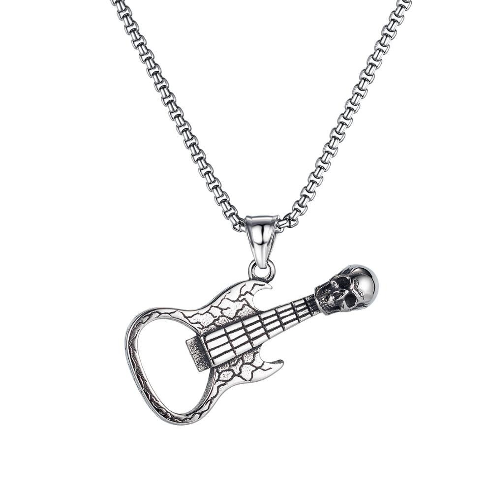 Men's silver guitar pendant necklace with skull, a perfect rock style accessory for music lovers.