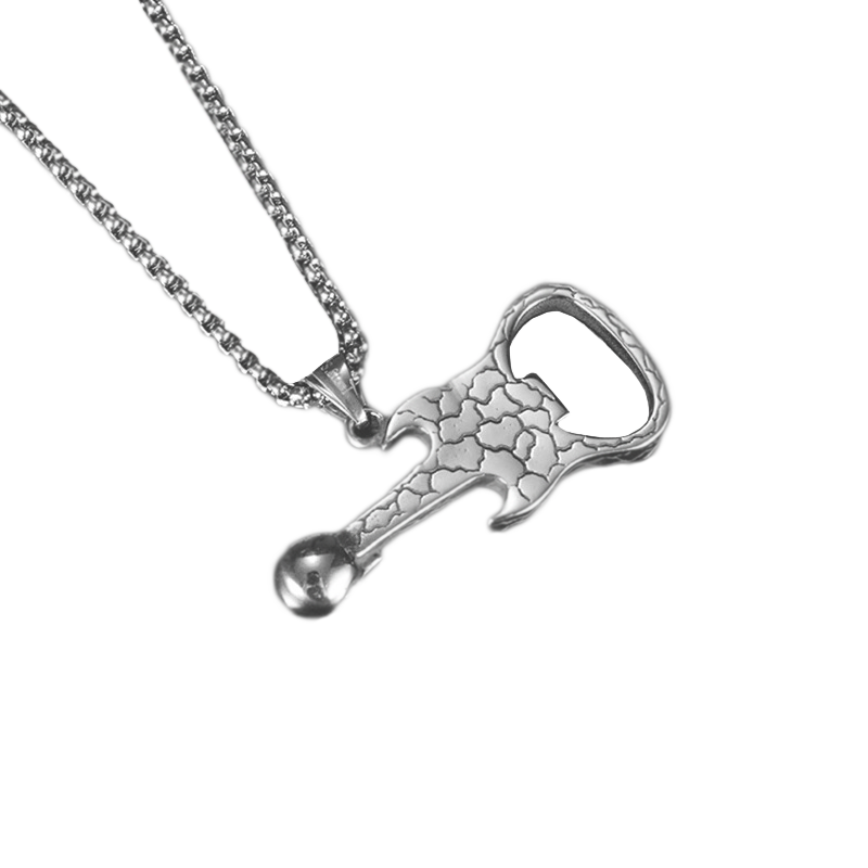 Stylish rock-style silver guitar bottle opener pendant necklace for men, perfect accessory for music lovers.