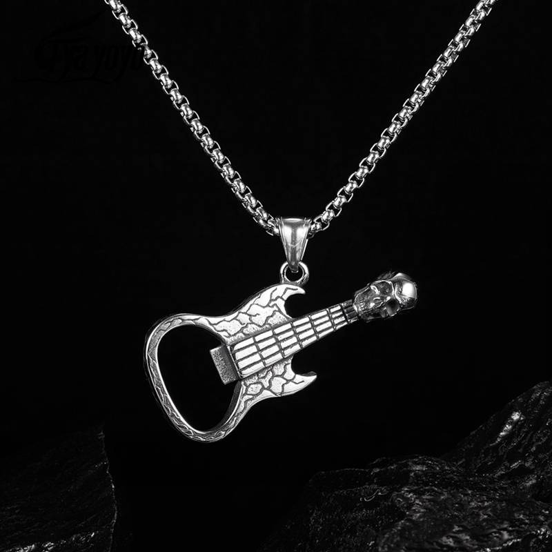 Stylish men's rock stainless steel necklace with guitar and skull pendant, perfect for adding flair to any outfit.