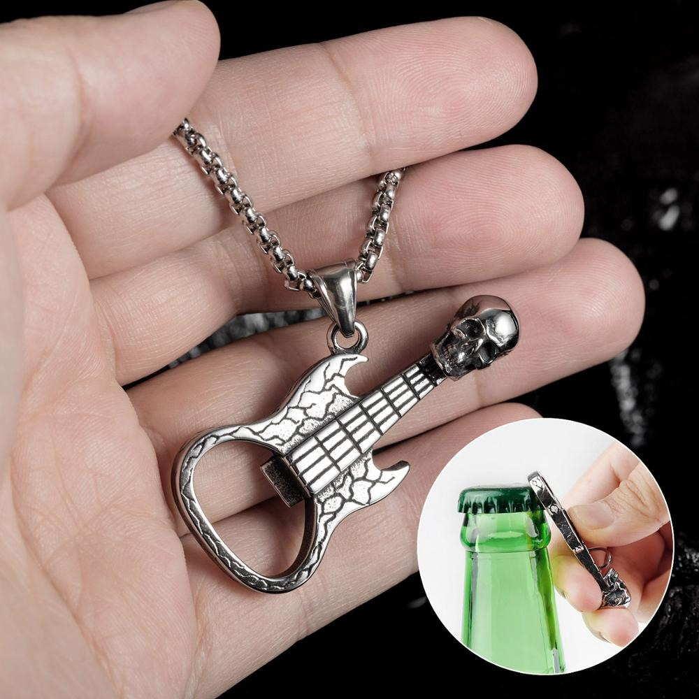 Men's silver guitar pendant necklace with skull, doubling as a bottle opener. Perfect for rock style outfit accessories.