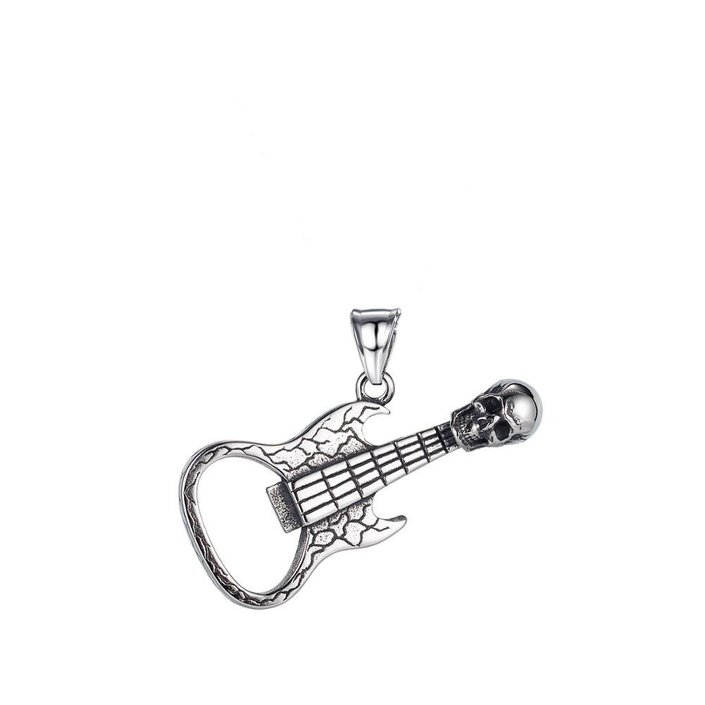 Men's rock style stainless steel necklace featuring a guitar pendant with a skull design, perfect for adding edge to outfits.