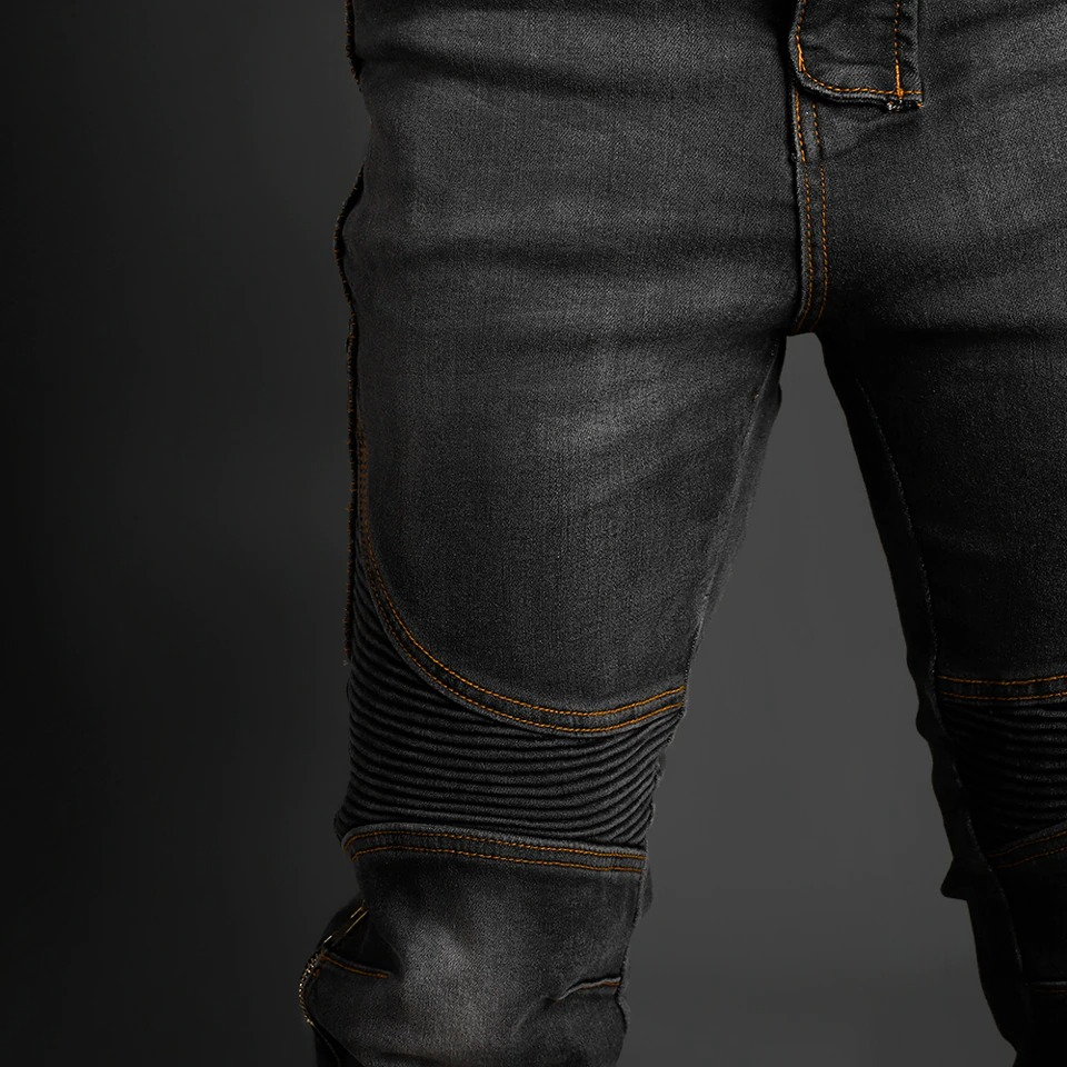 Men's biker style slim jeans with stylish detailing and fitted cut, perfect for motorcycle enthusiasts.