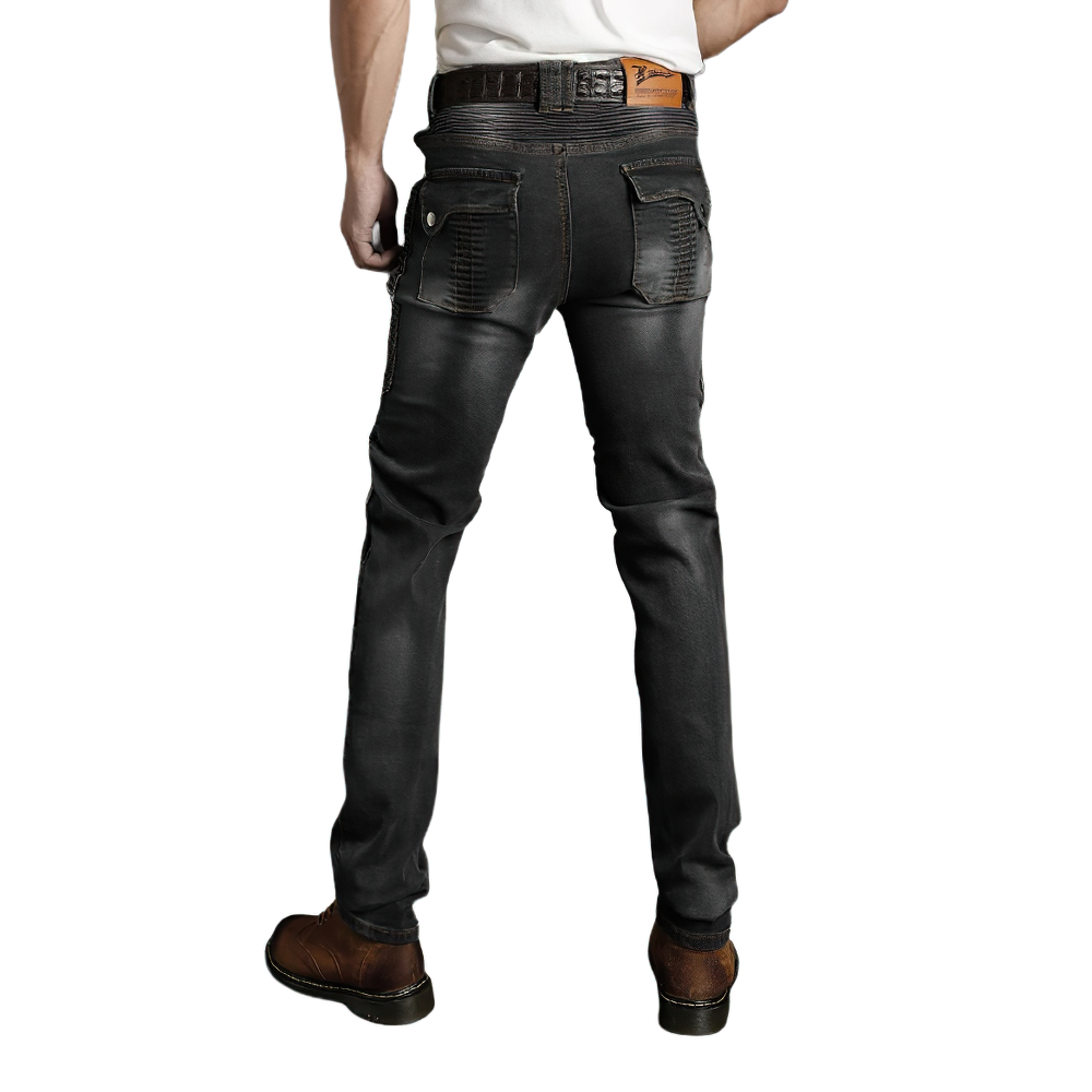 Men's slim fit biker jeans with stylish detailing, perfect for motorcycle enthusiasts, showcasing a classic black design.