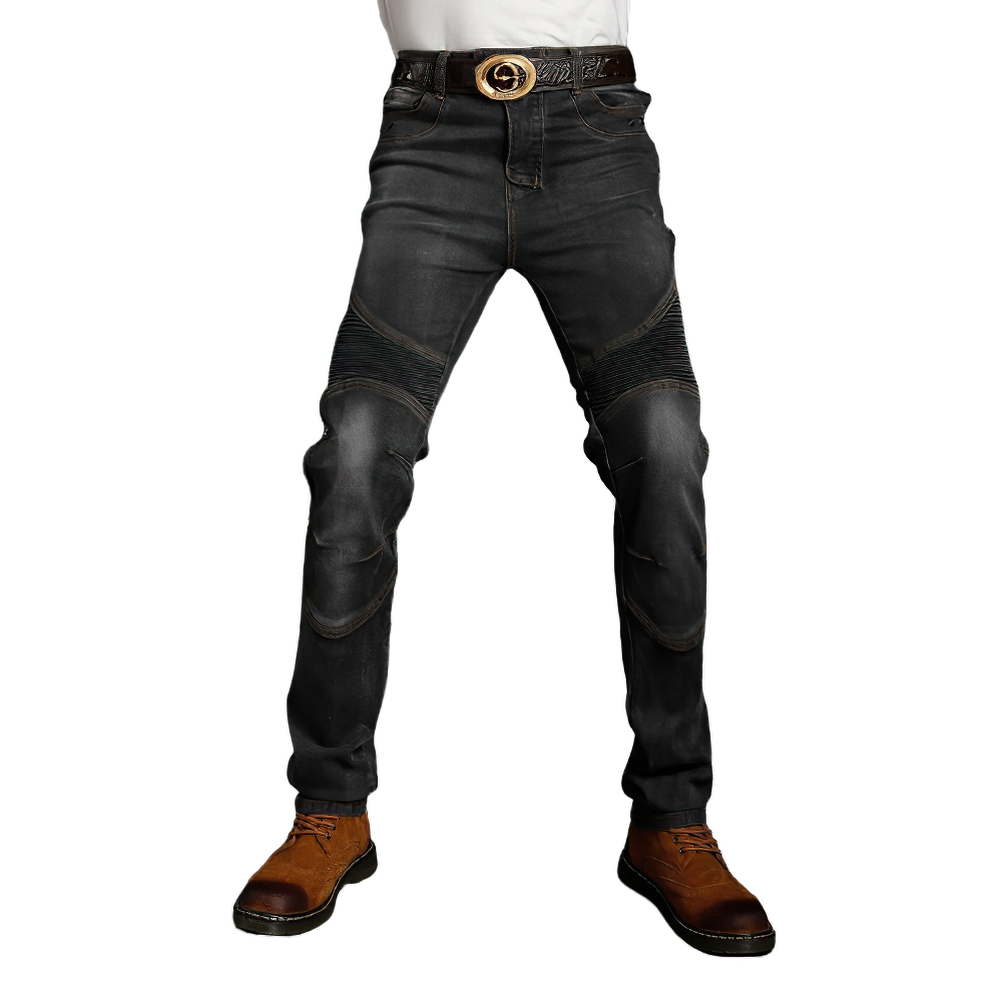 Men's slim biker jeans in dark denim, stylish fitted cut with motorcycle protection details and brown boots.