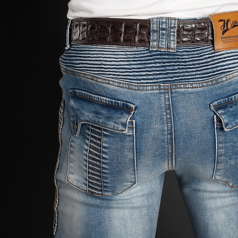 Men's biker style slim jeans showcasing stylish back pockets and fitted design for a fashionable look.