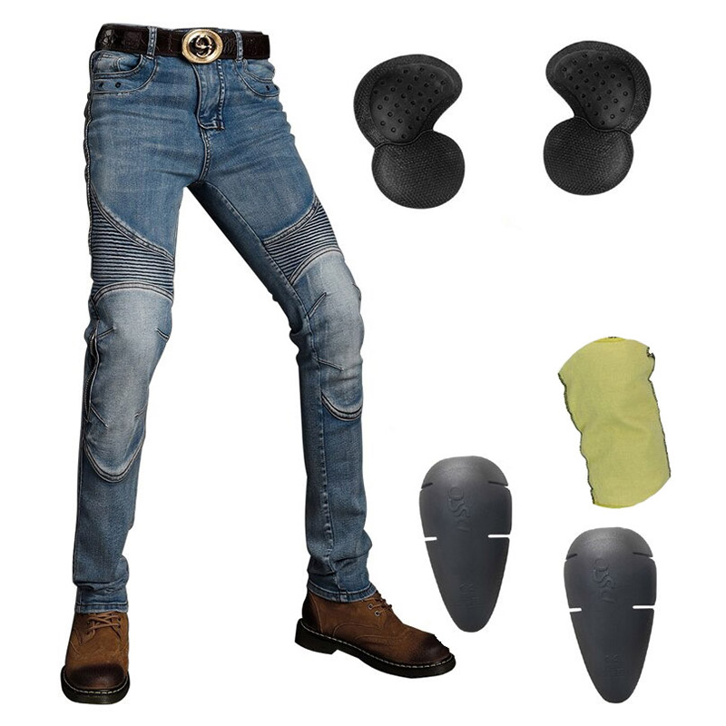 Men's biker style slim jeans with protective gear, showcasing durability and style for motorcycle enthusiasts.