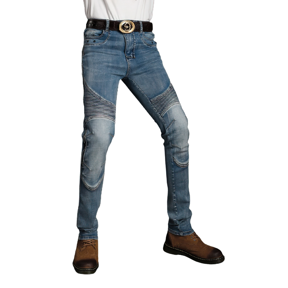 Men's biker style slim jeans in blue, featuring stylish protective panels and a fitted cut for a modern look.