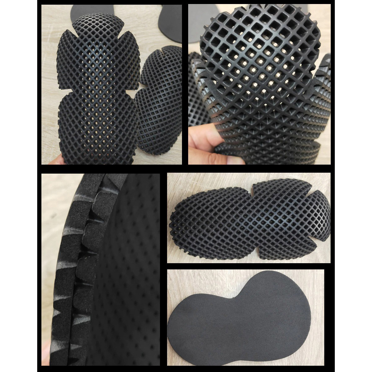 Close-up of black protective padding for motorcycle clothing, showcasing flexible and breathable design.