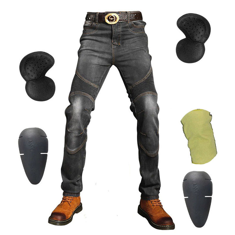 Men's biker style jeans with protective pads and stylish design, perfect for motorcycle enthusiasts.