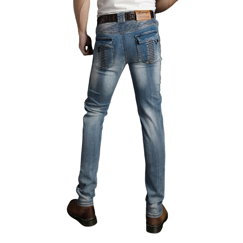 Men's biker style slim jeans with a fitted cut, showcasing stylish back pockets and vintage fade.