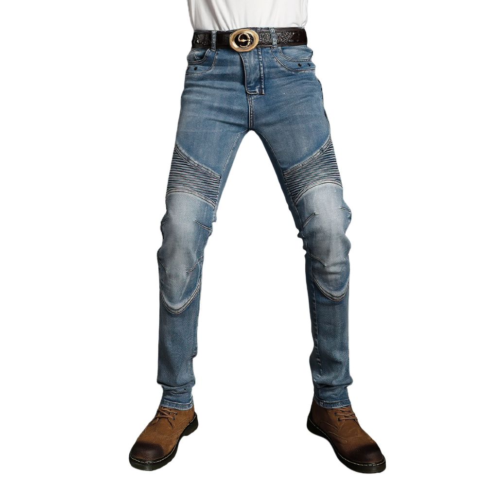 Men's slim biker style jeans with protective design, showcasing a trendy fit and vintage denim look.