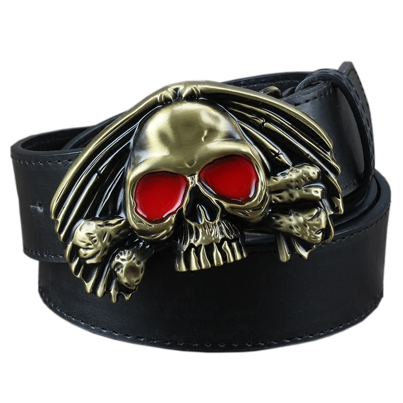 Men's rock style belt featuring a skull buckle with red eyes, crafted from durable PU leather for a trendy look.