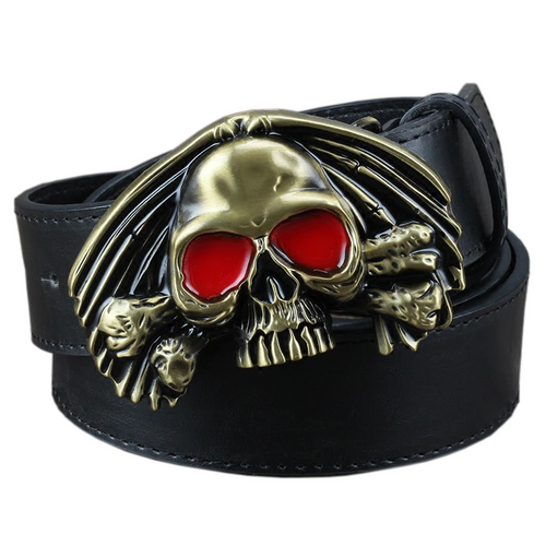 Boucle de ceinture tête de mort style rock pour hommes / ceinture en cuir PU vintage / squelette cool avec boucle yeux rouges