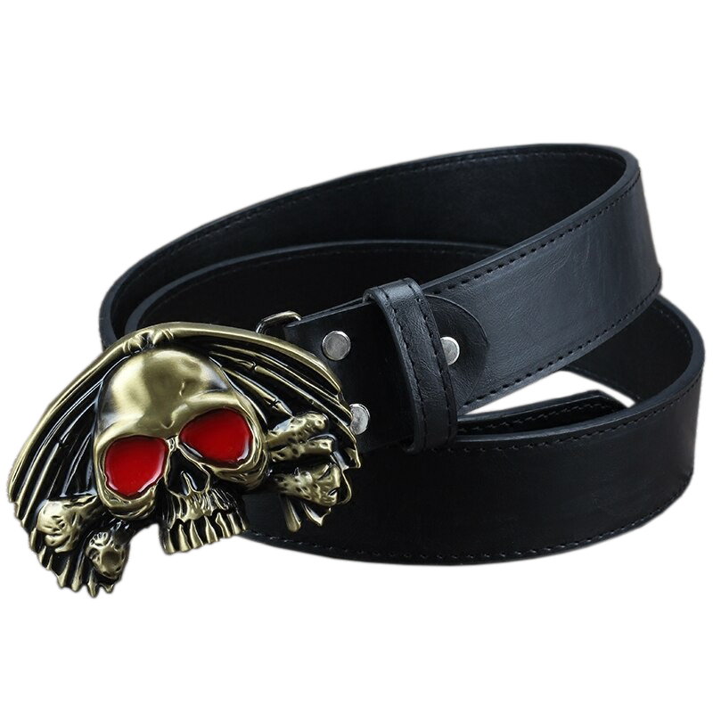 Men's black PU leather belt with a skull buckle featuring red eyes, perfect for a rock style accessory.