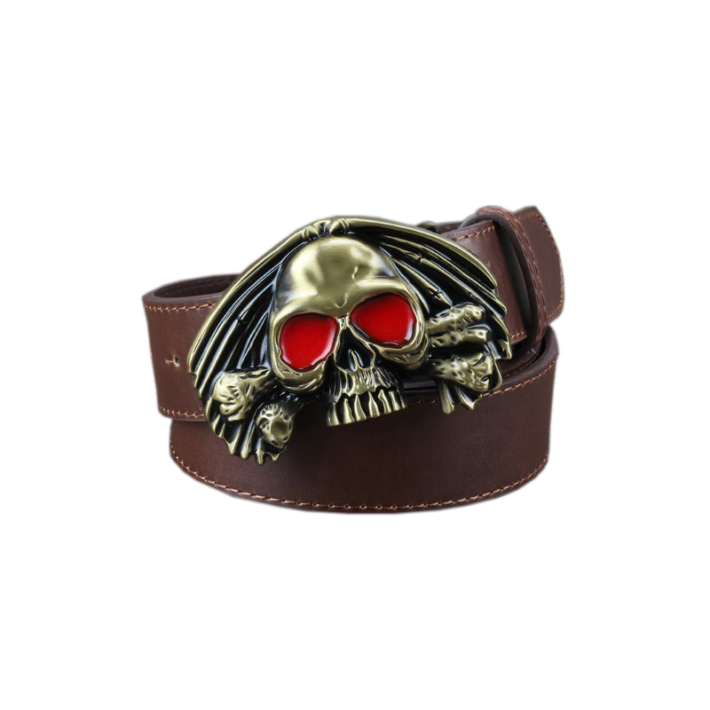 Men's rock style PU leather belt featuring a bold skull buckle with striking red eyes.