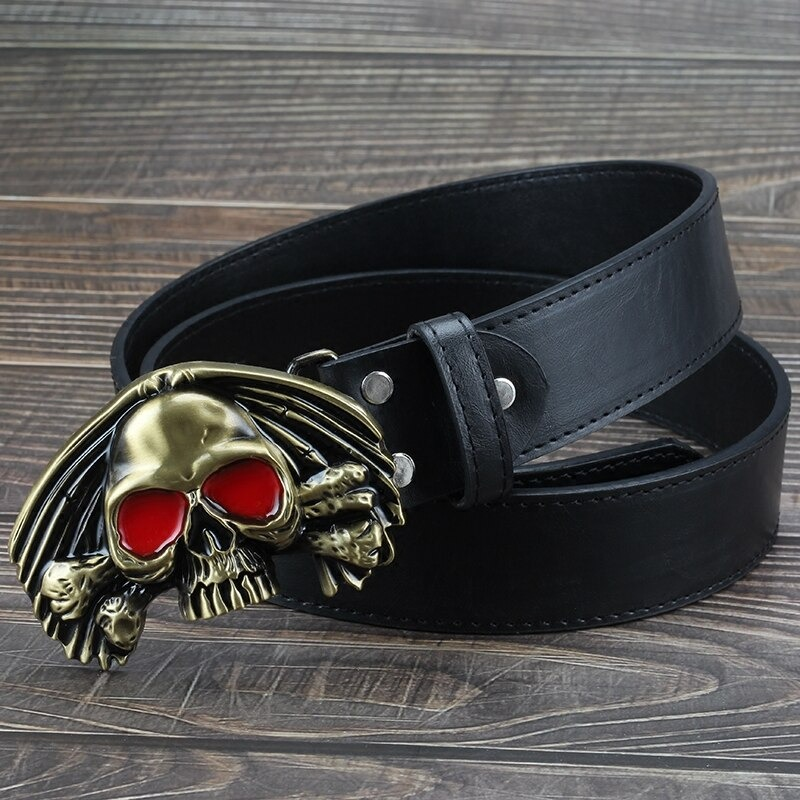 Men's vintage PU leather belt featuring an eye-catching skull buckle with red eyes, perfect for rock style enthusiasts.