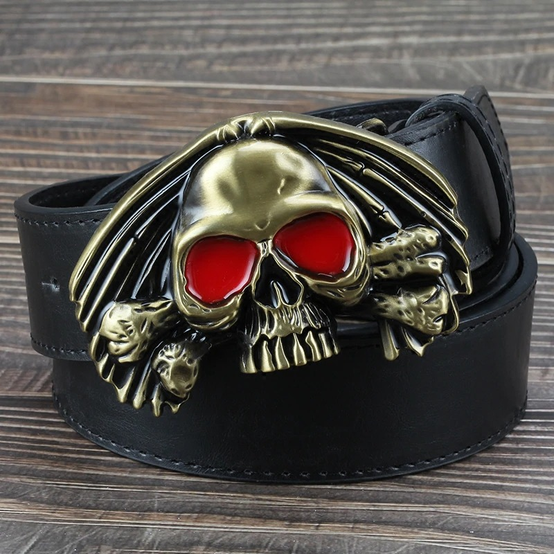 Men's Rock Style Skull Belt Buckle / Vintage PU Leather Belt / Cool Skeleton With Red Eyes Buckle - HARD'N'HEAVY