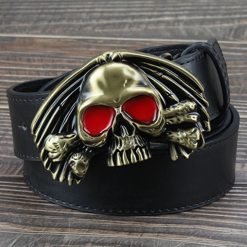 Men's rock style PU leather belt with a skull buckle featuring red eyes, a trendy accessory for bold fashion.