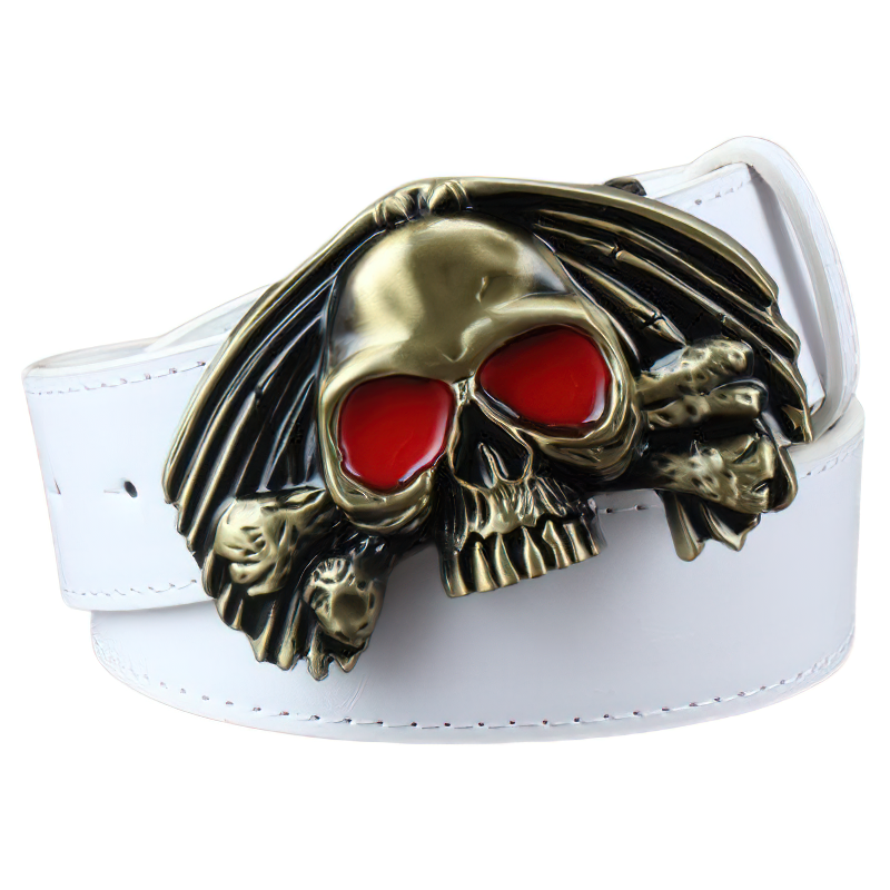Men's rock-style belt with a vintage PU leather strap and eye-catching skull buckle with red eyes.