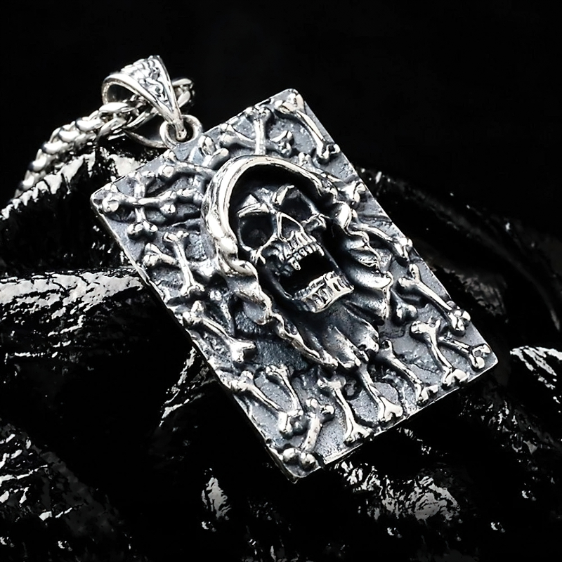 Men's rock style sterling silver devil skull pendant featuring skull and bones design, perfect for alternative fashion.