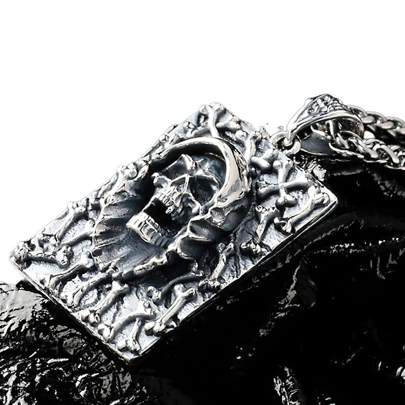 Men's rock style sterling silver pendant featuring a devil skull and bone design, perfect for alternative fashion.