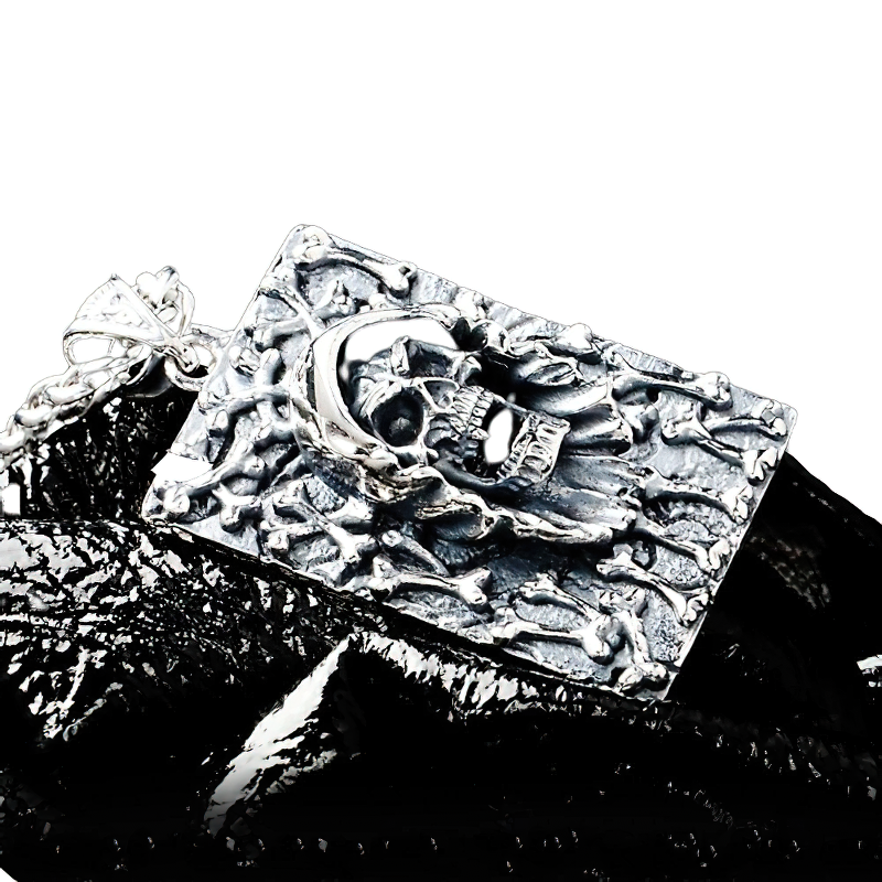Men's sterling silver devil skull pendant with intricate bone design, perfect for rock fashion enthusiasts.