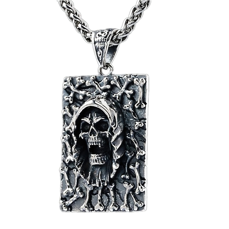 Men's rock style sterling silver devil skull pendant with bones, perfect for alternative fashion enthusiasts.