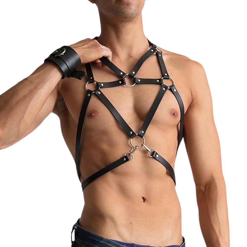 Men's sexy PU leather adjustable harness showcasing punk style with silver fittings for a bold look.