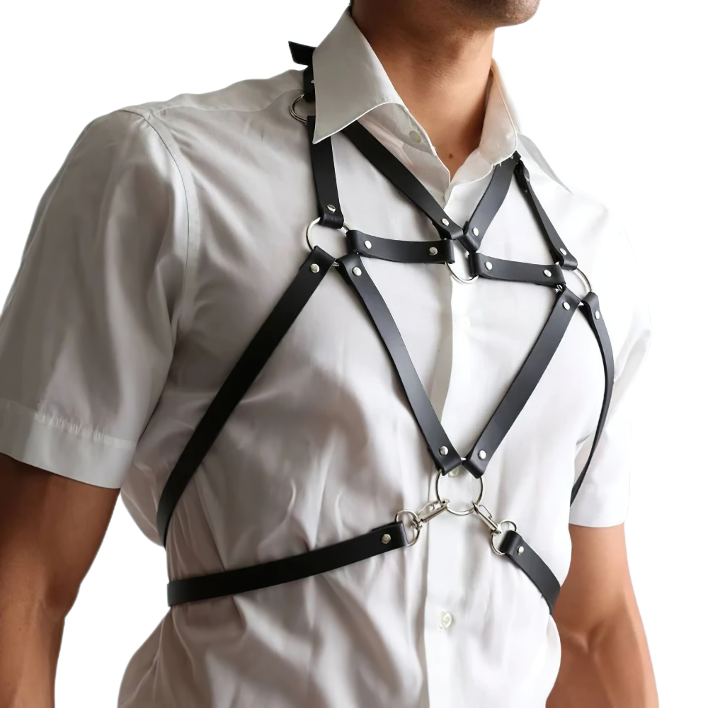 Black PU leather men's adjustable harness styled with silver fittings, perfect for edgy punk fashion and enhanced body confidence.