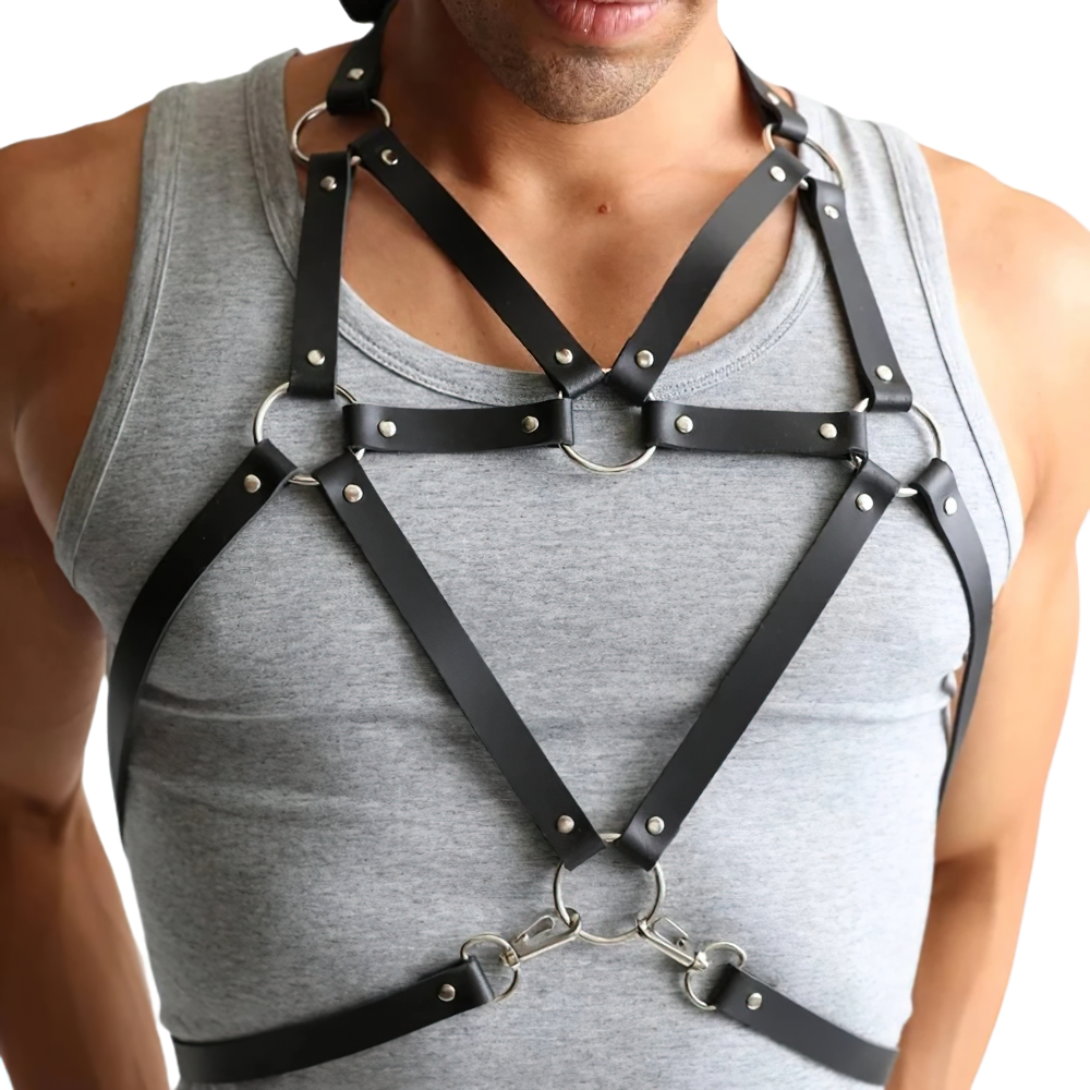 Men's sexy PU leather adjustable harness in punk style, featuring silver fittings for a bold look.