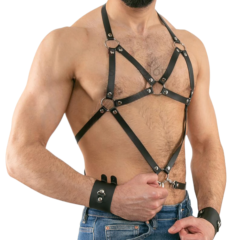 Men's sexy black PU leather harness showcasing a punk style, perfect for enhancing body aesthetics and bold fashion statements.