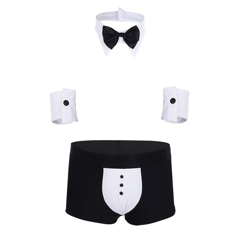 Men's sexy tuxedo roleplay costume with bow tie, cuff accessories, and boxer underwear for an erotic surprise.
