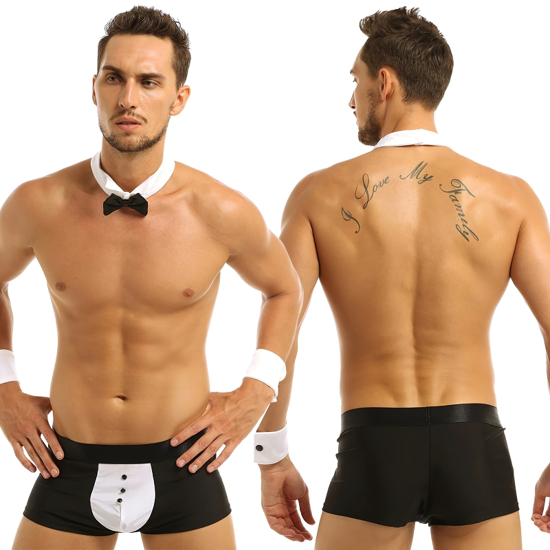 Men's sexy waiter tuxedo costume featuring bow tie and boxer underwear for playful roleplay.