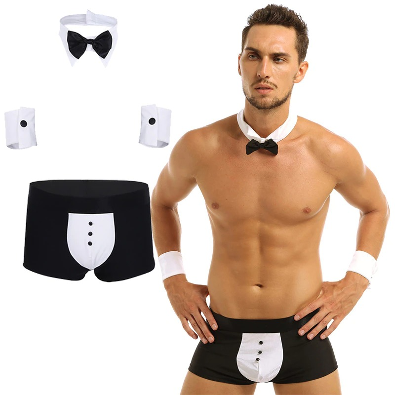Men's sexy tuxedo roleplay costume with bow tie and bracelets, perfect for erotic surprises.