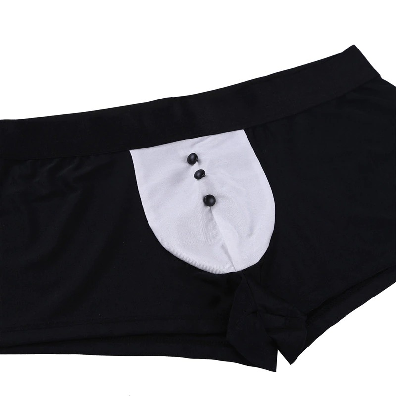 Men's sexy tuxedo boxer underwear featuring a bow tie detail, perfect for roleplay and surprise moments.