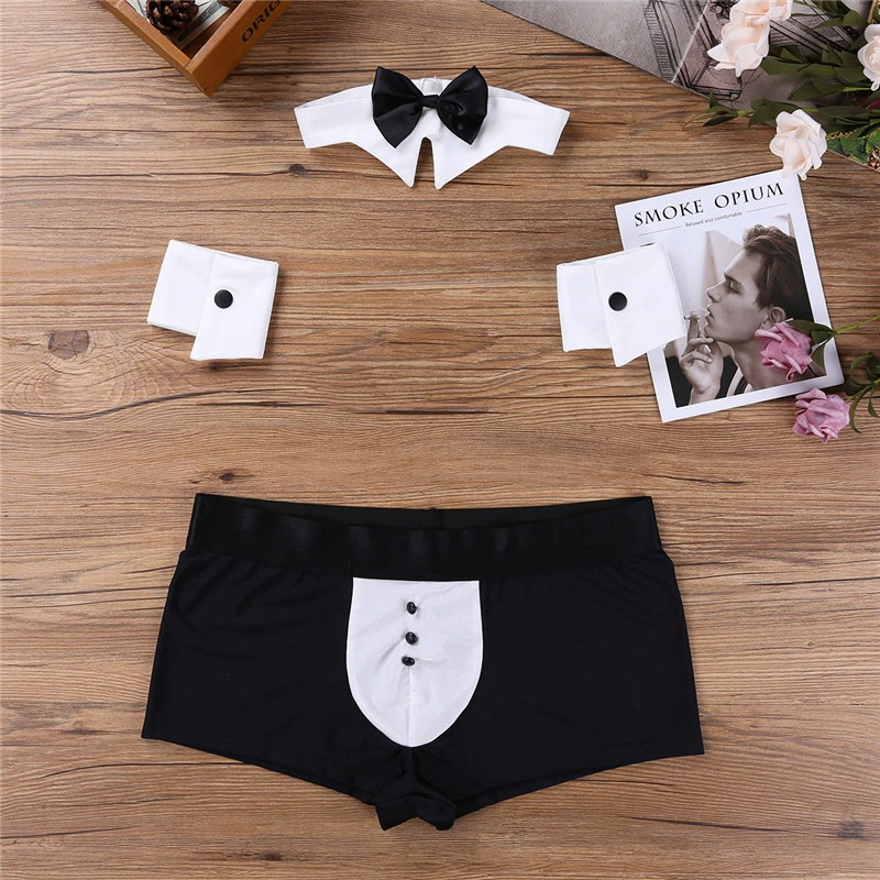 Men's sexy tuxedo roleplay underwear set with bow tie, cuffs, and playful design for fun erotic occasions.