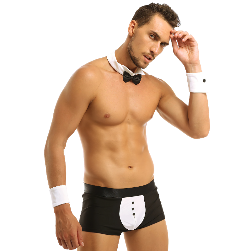 Man in sexy waiter costume with bow tie and boxer underwear, perfect for roleplay and playful surprises.