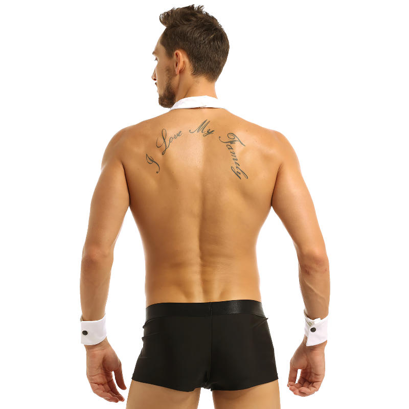 Men's sexy tuxedo waiter costume featuring bow tie and boxer shorts with tattoos on back.