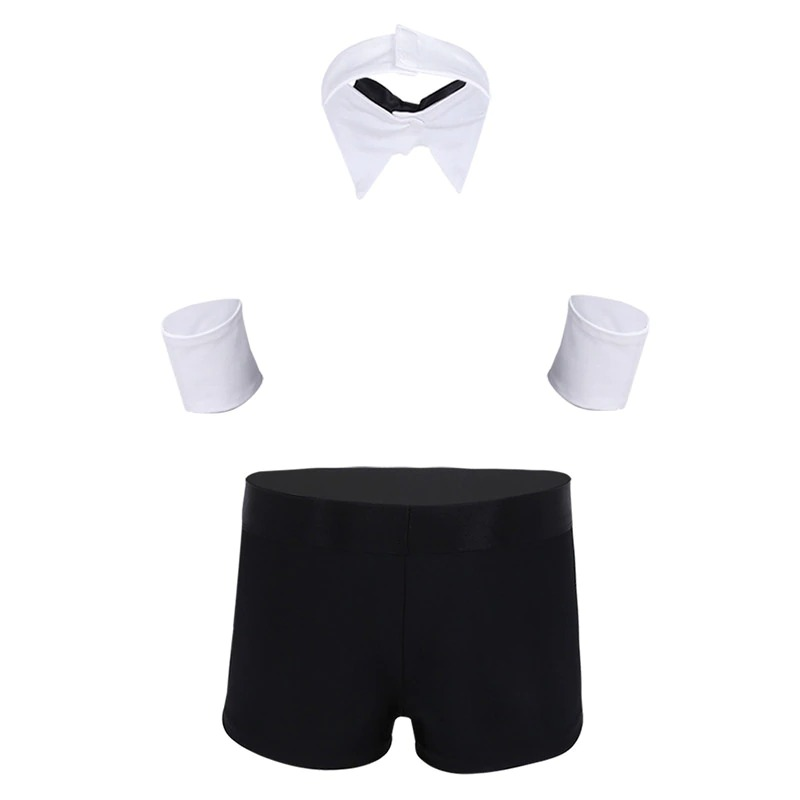 Men's sexy tuxedo roleplay costume with bow tie, cuffs, and boxer underwear for erotic fun.