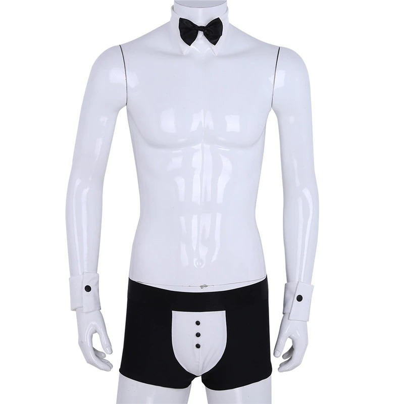 Men's sexy tuxedo roleplay costume with bow tie and boxer underwear on mannequin for erotic dress-up.