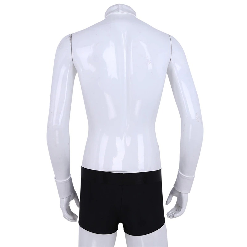 Back view of a shiny mannequin wearing black boxer underwear, showcasing the sleek design for men's sexy costumes.